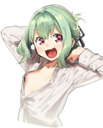 Rule 34 | 1boy, :3, :d, absurdres, areola slip, arms behind head, arms up, blouse, blush, collarbone, cropped torso, dress shirt, floating hair, green hair, hair intakes, highres, light green hair, long sleeves, looking at viewer, muchi maro, open clothes, open mouth, open shirt, otori-tan, partially unbuttoned, pink eyes, red eyes, seitokai nimo anawa aru!, shiny skin, shirt, simple background, smile, solo, tongue, trap, updo, white background, white shirt