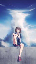 Rule 34 | 1girl, absurdres, alternate costume, bare legs, black shirt, blush, bottle, brown hair, casual, cloud, cloudy sky, cross-laced footwear, day, dot nose, foot dangle, full body, grin, hair ornament, highres, holding, huge filesize, kantai collection, knee up, no socks, on wall, outdoors, print shirt, rankebu, red footwear, revision, sendai (kancolle), shirt, shoes, short sleeves, shorts, sitting, sky, smile, sneakers, solo, t-shirt, towel, towel around neck, two side up, water bottle