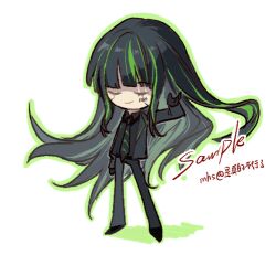 Rule 34 | 1girl, alfonso (project moon), black footwear, black gloves, black hair, black jacket, black necktie, black pants, chibi, closed eyes, closed mouth, full body, g7cdpdto2i6hot6, gloves, hand up, jacket, limbus company, long hair, lowres, multicolored hair, necktie, pants, project moon, shoes, sidelocks, smile, solo, streaked hair, transparent background, very long hair