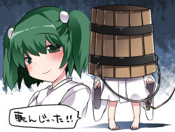 Rule 34 | 1girl, barefoot, blush, bucket, bucket on head, closed mouth, green eyes, green hair, hair between eyes, hair bobbles, hair ornament, hammer (sunset beach), head tilt, japanese clothes, kimono, kisume, long sleeves, multicolored background, multiple views, object on head, oversized object, pigeon-toed, short hair, speech bubble, standing, talking, text focus, touhou, translation request, twintails, upper body, wide sleeves, wooden bucket