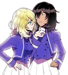 Rule 34 | 10s, andou (girls und panzer), backlighting, bad id, bad twitter id, bc freedom military uniform, black hair, blonde hair, blue eyes, blue jacket, blue vest, brown eyes, closed mouth, commentary, dark-skinned female, dark skin, dress shirt, from side, frown, girls und panzer, hand on own hip, high collar, jacket, long sleeves, looking at another, medium hair, messy hair, military, military uniform, miniskirt, oshida (girls und panzer), pleated skirt, shirt, shirt grab, shutou mq, simple background, skirt, standing, uniform, upper body, v-shaped eyebrows, vest, white background, white shirt, white skirt