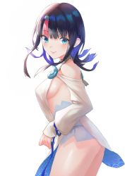 Rule 34 | 1girl, ass, bare shoulders, black hair, blue eyes, blue ribbon, blush, breasts, closed mouth, collarbone, dress, fate/grand order, fate/requiem, fate (series), fundoshi, highres, japanese clothes, jewelry, long sleeves, looking at viewer, magatama, magatama hair ornament, medium breasts, medium hair, multicolored hair, necklace, otsukemono, pelvic curtain, pink hair, puffy long sleeves, puffy sleeves, ribbon, seigaiha, short dress, sideboob, sideless outfit, simple background, smile, solo, streaked hair, thighs, two-sided fabric, two-sided skirt, utsumi erice, white background, white dress