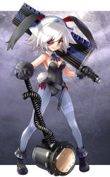 Rule 34 | 1girl, animal ears, bare shoulders, blue pantyhose, breasts, detached collar, eyepatch, fake animal ears, full body, gloves, hammer, hat, katahira masashi, leotard, original, over shoulder, pantyhose, playboy bunny, product placement, rabbit ears, short hair, silver hair, solo, sword, weapon, yellow eyes