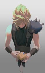 Rule 34 | 1boy, armor, black pants, blonde hair, blue eyes, button eyes, buttons, character doll, cloud strife, commentary, doll, english commentary, expressionless, final fantasy, final fantasy vii, from above, gradient background, hair over one eye, highres, holding, holding doll, holding stuffed toy, looking down, male focus, needle, pants, pauldrons, sewing, sewing needle, shoes, short hair, shoulder armor, simple background, single pauldron, sleeveless, sleeveless turtleneck, solo, standing, stuffed toy, suspenders, triplemelon1, turtleneck