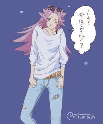 Rule 34 | 1girl, alternate costume, belt, bra strap, bracelet, casual, contemporary, denim, eyewear on head, head tilt, jeans, jewelry, jun&#039;you (kancolle), kantai collection, karatachi (mitoudon), licking lips, long hair, looking at viewer, one eye closed, pants, purple background, purple eyes, purple hair, simple background, smile, solo, speech bubble, spiked hair, star (symbol), sunglasses, sweater, thumbs in pockets, tongue, tongue out, torn clothes, torn jeans, torn pants, translation request, twitter username