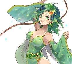 Rule 34 | 1girl, :d, ahoge, arm up, bare shoulders, breasts, cape, cleavage, collarbone, detached sleeves, earrings, final fantasy, final fantasy iv, green cape, green eyes, green hair, hair ornament, hand up, jewelry, long hair, long sleeves, medium breasts, open mouth, rydia (ff4), sasanomesi, simple background, smile, solo, star (symbol), star earrings, star hair ornament, star print, whip, white background, wide sleeves