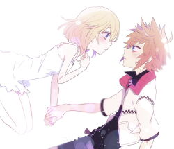 1boy 1girl anoko_(darenokoanoko) blonde_hair blue_eyes blush brown_hair commentary_request dress floating holding_hands jacket kingdom_hearts kingdom_hearts_ii long_hair looking_at_another namine pointy_hair profile roxas short_hair short_sleeves simple_background sleeveless sleeveless_dress white_background white_dress white_jacket