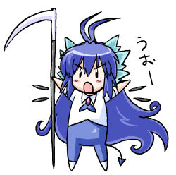 Rule 34 | 1girl, absurdly long hair, blush, chibi, demon tail, gomamiso (gomamiso sp), long hair, miwajou, open mouth, original, scythe, simple background, sleeves rolled up, solo, tail, very long hair, white background