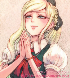 Rule 34 | 10s, 1girl, blonde hair, blue eyes, bow, braid, chihiro (kemonomichi), danganronpa (series), dress, hair bow, own hands clasped, long hair, own hands together, ponytail, puffy sleeves, smile, solo, sonia nevermind, danganronpa 2: goodbye despair, upper body