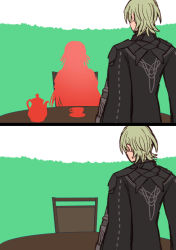 Rule 34 | 1boy, 1girl, armor, black cape, byleth (fire emblem), byleth (male) (fire emblem), cape, chair, cup, edelgard von hresvelg, fire emblem, fire emblem: three houses, from behind, greaves, green hair, hair ribbon, highres, kusodekablack, nintendo, outdoors, ribbon, short hair, silhouette, sitting, standing, table, teacup, teapot