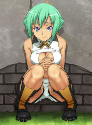 Rule 34 | 10s, 1girl, aquarion (series), aquarion evol, bare shoulders, boots, breasts, cleavage, cleavage cutout, clothing cutout, grass, green hair, hair ribbon, own hands clasped, highres, knees, looking at viewer, medium breasts, own hands together, purple eyes, ribbon, short hair, shorts, solo, squatting, syunzou, wall, zessica wong