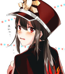 Rule 34 | 1boy, blush, brown hair, cloak, fate/grand order, fate (series), flying sweatdrops, from behind, hair between eyes, hat, long hair, looking at viewer, looking back, low ponytail, male focus, military, military hat, military uniform, oda nobukatsu (fate), oda nobuyuki (fate/grand order), open mouth, red eyes, reito6, sidelocks, sketch, solo, uniform, wavy mouth