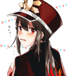 1boy blush brown_hair cloak fate/grand_order fate_(series) flying_sweatdrops from_behind hair_between_eyes hat long_hair looking_at_viewer looking_back low_ponytail male_focus military military_hat military_uniform oda_nobukatsu_(fate) oda_nobuyuki_(fate/grand_order) open_mouth red_eyes reito6 sidelocks sketch solo wavy_mouth