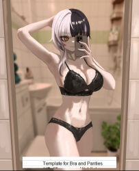 Rule 34 | 1girl, absurdres, arm up, armpits, bad tag, bathtub, black bra, black hair, black panties, blurry, blurry background, bra, breasts, cellphone, cleavage, commentary, cowboy shot, english commentary, failose, hand up, highres, holding, holding phone, hololive, hololive english, lace, lace bra, large breasts, lingerie, long hair, mirror, multicolored hair, navel, panties, phone, plant, potted plant, selfie, shiori novella, smartphone, split-color hair, standing, stomach, thighs, underwear, underwear only, virtual youtuber, white hair, yellow eyes