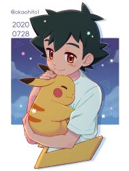 Rule 34 | 1boy, ash ketchum, black hair, brown eyes, closed mouth, commentary request, creatures (company), fingernails, game freak, gen 1 pokemon, highres, holding, holding pokemon, light smile, nintendo, okaohito1, pikachu, pokemon, pokemon (anime), pokemon (creature), shirt, short hair, short sleeves, star (symbol), t-shirt, upper body, yellow fur