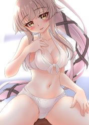 Rule 34 | 1girl, absurdres, bikini, breasts, brown eyes, cleavage, commentary request, cowboy shot, front-tie top, hair ribbon, highres, kantai collection, lips, long hair, makura (y makura), medium breasts, navel, official alternate costume, pink hair, ponytail, ribbon, sitting, solo, swimsuit, very long hair, white bikini, yura (kancolle)