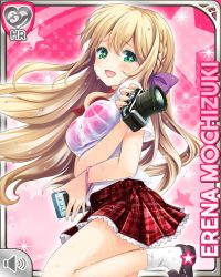 Rule 34 | 1girl, bikini, blonde hair, blush, bow, bowtie, braid, breasts, camera, card (medium), cyberagent, female focus, girlfriend (kari), green eyes, hair ribbon, holding, large breasts, long hair, mochizuki erena, official art, open mouth, pink background, pink bikini, plaid, plaid skirt, qp:flapper, red bow, red skirt, ribbon, school uniform, shirt, skirt, smile, solo, standing, standing on one leg, swimsuit, swimsuit under clothes, tagme, wet, wet clothes, white shirt