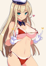 Rule 34 | 1girl, :q, alessandra susu, aqua eyes, bikini, blonde hair, breasts, detached collar, double v, earrings, gloves, hat, heart, heart-shaped pupils, jewelry, large breasts, long hair, looking at viewer, micro bikini, mutou kurihito, naughty face, red bikini, side-tie bikini bottom, simple background, smile, solo, swimsuit, symbol-shaped pupils, tan, tanline, tokyo 7th sisters, tongue, tongue out, v, white gloves