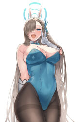 Rule 34 | 1girl, animal ears, arm behind back, asuna (blue archive), asuna (bunny) (blue archive), black pantyhose, blue archive, blue eyes, blue leotard, blush, bow, bowtie, breasts, brown hair, cleavage, detached collar, gawa1517025, gloves, hair over one eye, hair ribbon, halo, highres, large breasts, leotard, long hair, looking at viewer, mole, mole on breast, open mouth, pantyhose, playboy bunny, rabbit ears, ribbon, simple background, solo, thighband pantyhose, v, very long hair, white background, white gloves