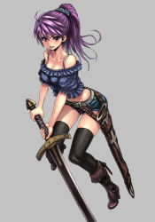 Rule 34 | 1girl, bare shoulders, black thighhighs, boots, breasts, brown eyes, cleavage, grey background, high heel boots, high heels, long hair, midriff, open mouth, original, ponytail, purple hair, sheath, short shorts, shorts, simple background, smile, solo, sword, thighhighs, weapon, yapo (croquis side)