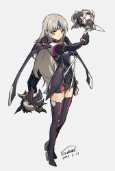 Rule 34 | 1girl, 2023, airseal, android, armor, black dress, black thighhighs, closed mouth, code: nemesis (elsword), commentary, dated, dress, elsword, eve (elsword), expressionless, facial mark, floating, floating object, forehead jewel, full body, grey hair, highres, long hair, long sleeves, looking at viewer, moby (elsword), parted bangs, raven cronwell, remy (elsword), robot, robot ears, shoulder armor, signature, simple background, thighhighs, white background