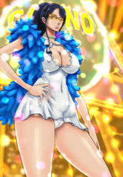 Rule 34 | 1girl, black hair, blush, breasts, cleavage, covered navel, covered erect nipples, glasses, kakutou oukoku, large breasts, long hair, nico robin, ohcock, one piece, smile, solo, spread legs, standing, sunglasses