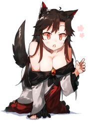 Rule 34 | 1girl, ahoge, animal ear fluff, animal ears, arm support, bad id, bad pixiv id, bare shoulders, black hair, blush, breasts, brooch, cleavage, collarbone, commentary request, dress, fang, frilled sleeves, frills, hand up, highres, imaizumi kagerou, jewelry, kneeling, long hair, long sleeves, looking at viewer, medium breasts, off-shoulder dress, off shoulder, open mouth, red eyes, shadow, sidelocks, simple background, skin fang, solo, suminagashi, tail, touhou, white background, white dress, wolf ears, wolf tail