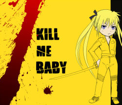 Rule 34 | 1girl, blonde hair, blood, blood splatter, copyright name, drawfag, english text, kill bill, kill me baby, non-web source, parody, solo, sonya (kill me baby), sword, twintails, weapon, yellow theme