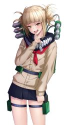 Rule 34 | 1girl, absurdres, black skirt, blonde hair, blood, bloody knife, blunt bangs, boku no hero academia, brown eyes, cowboy shot, deku suke, double bun, finger to mouth, hair bun, highres, holding, holding knife, holster, knife, looking at viewer, miniskirt, open mouth, short hair, simple background, skirt, solo, thigh holster, toga himiko, tongue, tongue out, white background