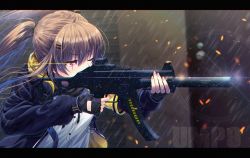 Rule 34 | 1girl, bad id, bad pixiv id, black bow, black gloves, black jacket, black ribbon, black scarf, blurry, blurry background, bow, brown hair, character name, commentary, depth of field, dress shirt, fingerless gloves, fingernails, girls&#039; frontline, glint, gloves, glowing, glowing eye, gun, h&amp;k ump, hair between eyes, hair bow, hair ornament, hairclip, highres, holding, holding gun, holding weapon, honami (yths4221), hood, hood down, hooded jacket, jacket, letterboxed, light trail, long hair, long sleeves, name connection, neck ribbon, object namesake, open clothes, open jacket, rain, red eyes, ribbon, scar, scar across eye, scar on face, scarf, shirt, solo, submachine gun, twintails, ump9 (girls&#039; frontline), upper body, weapon, white shirt