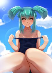 Rule 34 | 1girl, aqua hair, black sclera, blue one-piece swimsuit, blue sky, closed mouth, clothes pull, cloud, collarbone, colored sclera, dark signer, day, highres, lens flare, long hair, looking at viewer, luca (yu-gi-oh!), muto dt, one-piece swimsuit, one-piece swimsuit pull, outdoors, school swimsuit, sidelocks, sky, smile, solo, swimsuit, tan, tanline, twintails, yellow eyes, yu-gi-oh!, yu-gi-oh! 5d&#039;s