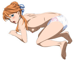 Rule 34 | 1girl, all fours, ass, barefoot, blue eyes, blush, breasts, earrings, falcom, feet, female focus, jewelry, kekke, laxia (ys), long hair, looking at viewer, medium breasts, nipples, open mouth, orange hair, panties, simple background, soles, solo, toes, topless, underwear, white background, white panties, ys, ys viii lacrimosa of dana