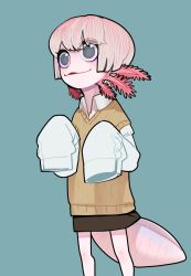 Rule 34 | 1girl, axol, axolotl girl, axolotl tail, black skirt, blouse, blue background, collared shirt, colored skin, female focus, fins, gills, grey eyes, head fins, monster girl, no pupils, original, oversized clothes, parted lips, pink hair, pink skin, shirt, short hair, simple background, skirt, sleeves past wrists, solo, sparrowl, sweater vest, white shirt