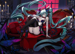 1girl absurdly_long_hair aqua_eyes aqua_hair ass bare_shoulders black_dress black_footwear black_thighhighs blue_butterfly bow bowtie breasts bug butterfly butterfly_hair_ornament candle cleavage commentary couch crown cushion dress elbow_gloves english_commentary flower full_body gloves hair_between_eyes hair_ornament hatsune_miku high_heels highres indoors insect knees_up kuroha_(rockluo213) large_breasts long_hair looking_at_viewer lying night red_bow red_bowtie red_flower red_rose rose shoes solo thighhighs twintails very_long_hair vocaloid white_gloves