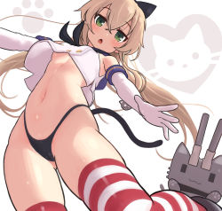 Rule 34 | 1girl, animal ears, bad id, bad pixiv id, black panties, blonde hair, breasts, cat ears, cat tail, chestnut mouth, crop top, elbow gloves, from below, gloves, gluteal fold, green eyes, hair between eyes, highleg, highleg panties, highres, kantai collection, long hair, looking at viewer, navel, no pants, open mouth, outstretched arms, panties, petite, rensouhou-kun, rose neru, shimakaze (kancolle), solo, striped clothes, striped thighhighs, tail, thighhighs, underboob, underwear, white gloves