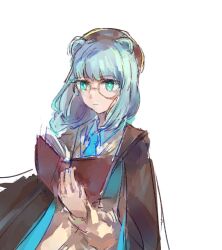 Rule 34 | 1girl, 21scorpii, animal ears, arknights, bear ears, beret, blue eyes, blue hair, blue necktie, book, brown cape, brown hair, brown jacket, brown sleeves, cape, chinese commentary, closed mouth, collared shirt, commentary request, cowboy shot, expressionless, glasses, hat, holding, holding book, istina (arknights), jacket, long sleeves, looking ahead, medium hair, mixed-language commentary, necktie, open book, shirt, simple background, solo, white background, white shirt, yellow pupils