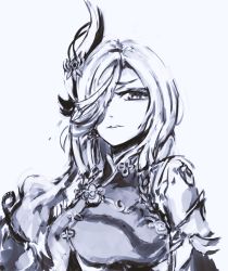 Rule 34 | 1girl, absurdres, armor, braid, breastplate, breasts, flower, genshin impact, grey background, greyscale, hair over one eye, highres, looking at viewer, medium breasts, merpperoni, monochrome, one eye covered, parted lips, portrait, shenhe (genshin impact), sketch, solo