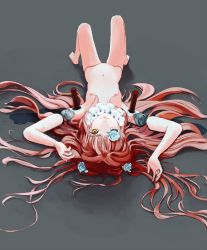 Rule 34 | 00s, 1girl, barefoot, doll, doll joints, eyepatch, flat chest, flower, flower eyepatch, flower over eye, hair flower, hair ornament, highres, impaled, injury, joints, kirakishou, long hair, lying, malcolm x (artist), navel, nude, pink hair, rose, rozen maiden, severed limb, solo, very long hair, yellow eyes