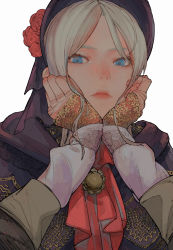 Rule 34 | 1693193543, 1girl, absurdres, blonde hair, bloodborne, bonnet, doll, flower, gold trim, hat, highres, lips, long sleeves, looking at viewer, plain doll, portrait, red flower, red headwear, red rose, ribbon, rose, solo focus, the old hunters