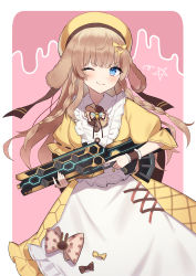 Rule 34 | 1girl, ;), absurdres, animal ears, aotake iro, apron, beret, blue eyes, blush, braid, brown hair, closed mouth, commentary request, copyright request, dress, frilled apron, frilled dress, frills, gun, hat, highres, holding, holding gun, holding weapon, long hair, looking at viewer, one eye closed, pink background, puffy short sleeves, puffy sleeves, ribbon-trimmed sleeves, ribbon trim, short sleeves, smile, solo, star (symbol), twin braids, very long hair, virtual youtuber, weapon, weapon request, white apron, yellow dress, yellow hat