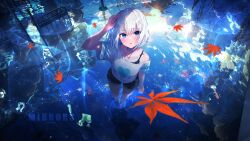 Rule 34 | 1girl, black bra, black shorts, blue eyes, bra, fence, floating, floating object, hand on own head, highres, lamppost, leaf, lifeline (a384079959), looking at viewer, original, outdoors, park, reflection, reflective water, scenery, shirt, shorts, standing, standing on liquid, torn clothes, torn shorts, tree, underwear, white hair, white shirt