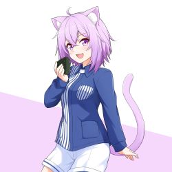 Rule 34 | 1girl, ahoge, animal ear fluff, animal ears, cat ears, cat girl, cat tail, fang, felutiahime, food, hair between eyes, highres, hololive, lawson, looking at viewer, nekomata okayu, onigiri, open mouth, pink background, purple eyes, purple hair, short hair, shorts, simple background, solo, tail, uniform, virtual youtuber, white background