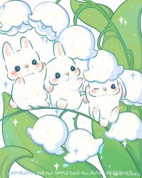 Rule 34 | 2023, animal focus, appledog, blue eyes, blush, chinese commentary, commentary request, english text, floppy ears, flower, highres, leaf, light blush, lily of the valley, looking at viewer, no humans, nose blush, one eye closed, original, oversized flower, rabbit, rabbit tail, sparkle, tail, weibo logo, weibo watermark, white background, white flower, white fur, white rabbit (animal)