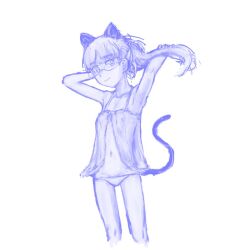 Rule 34 | 1girl, animal ears, breasts, cat ears, cat tail, closed mouth, glasses, lingerie, long hair, monochrome, navel, negligee, panties, perrine h. clostermann, shiri chin, simple background, sketch, small breasts, solo, strike witches, tail, underwear, world witches series