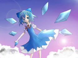 Rule 34 | 1girl, bag, blue eyes, blue hair, bow, cirno, cloud, dress, fairy, fairy wings, gradient background, hair bow, highres, large bow, lens flare, matching hair/eyes, red ribbon, ribbon, ryotaruu, short hair, sky, solo, touhou, wings