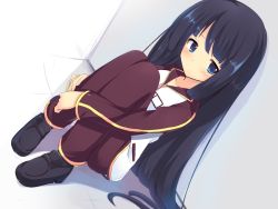 Rule 34 | 1girl, against wall, black hair, blue eyes, blush, gym uniform, highres, kuroi (night sky), long hair, looking at viewer, original, sitting, snow (gi66gotyo), solo, the star of promise in this night sky, track suit