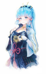 Rule 34 | 1girl, arm guards, armor, ayaka (genshin impact), blue eyes, blue hair, blunt bangs, blunt tresses, breastplate, closed mouth, commentary request, cropped legs, genshin impact, hair ribbon, highres, japanese armor, long hair, mole, mole under eye, neck tassel, ponytail, ribbon, simple background, solo, suke omi, tassel choker, tress ribbon, white background