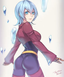 Rule 34 | 1girl, arms at sides, ass, blue eyes, blue hair, breasts, candy diamond, cowboy shot, from behind, gloves, hair between eyes, ice, jacket, large breasts, looking at viewer, looking back, pants, personification, red thighhighs, short hair, sideboob, smile, snk, solo, tenjou tsuki, the king of fighters, thighhighs