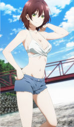 Rule 34 | 1girl, absurdres, anime screenshot, bikini, bikini top only, breasts, brown hair, cleavage, green eyes, highres, hinami aoi, jaku-chara tomozaki-kun, large breasts, looking at viewer, navel, smile, solo, standing, stitched, swimsuit, third-party edit