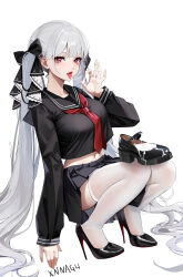 Rule 34 | 1girl, absurdres, artist name, azur lane, black sailor collar, black serafuku, black skirt, breasts, cum, cum in footwear, cum on hands, cum string, fellatio gesture, formidable (azur lane), formidable (the lover&#039;s heart flutters on duty) (azur lane), full body, grey hair, hair ribbon, high heels, highres, large breasts, long hair, looking at viewer, navel, navel peek, neckerchief, official alternate costume, red eyes, red neckerchief, ribbon, sailor collar, school uniform, serafuku, shoes, skirt, squatting, thighhighs, tongue, tongue out, twintails, two-sided ribbon, two-tone ribbon, unworn shoes, very long hair, white background, white thighhighs, xnnagu